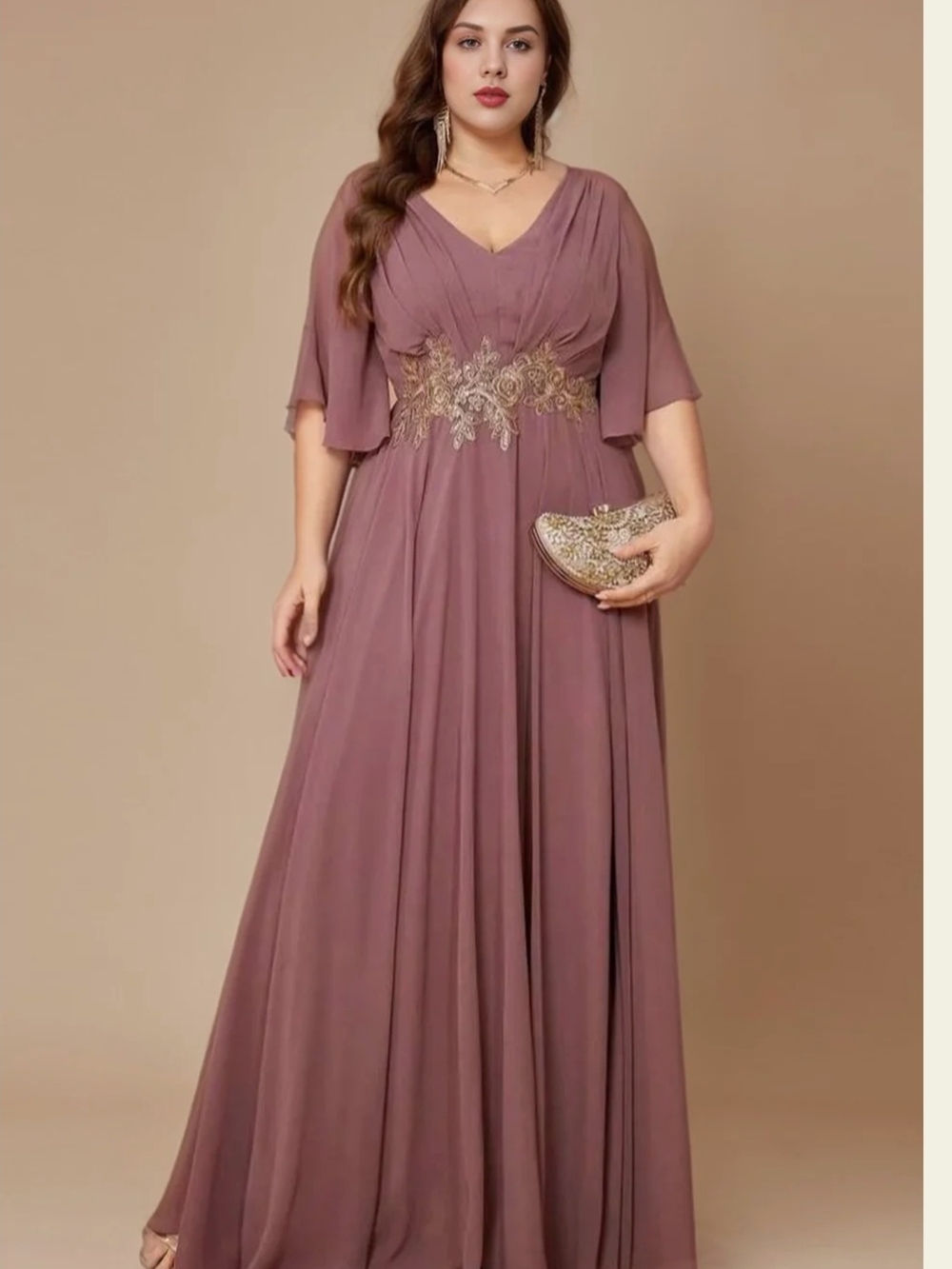 Elegant Mauve Evening Gown with Gold Appliqué